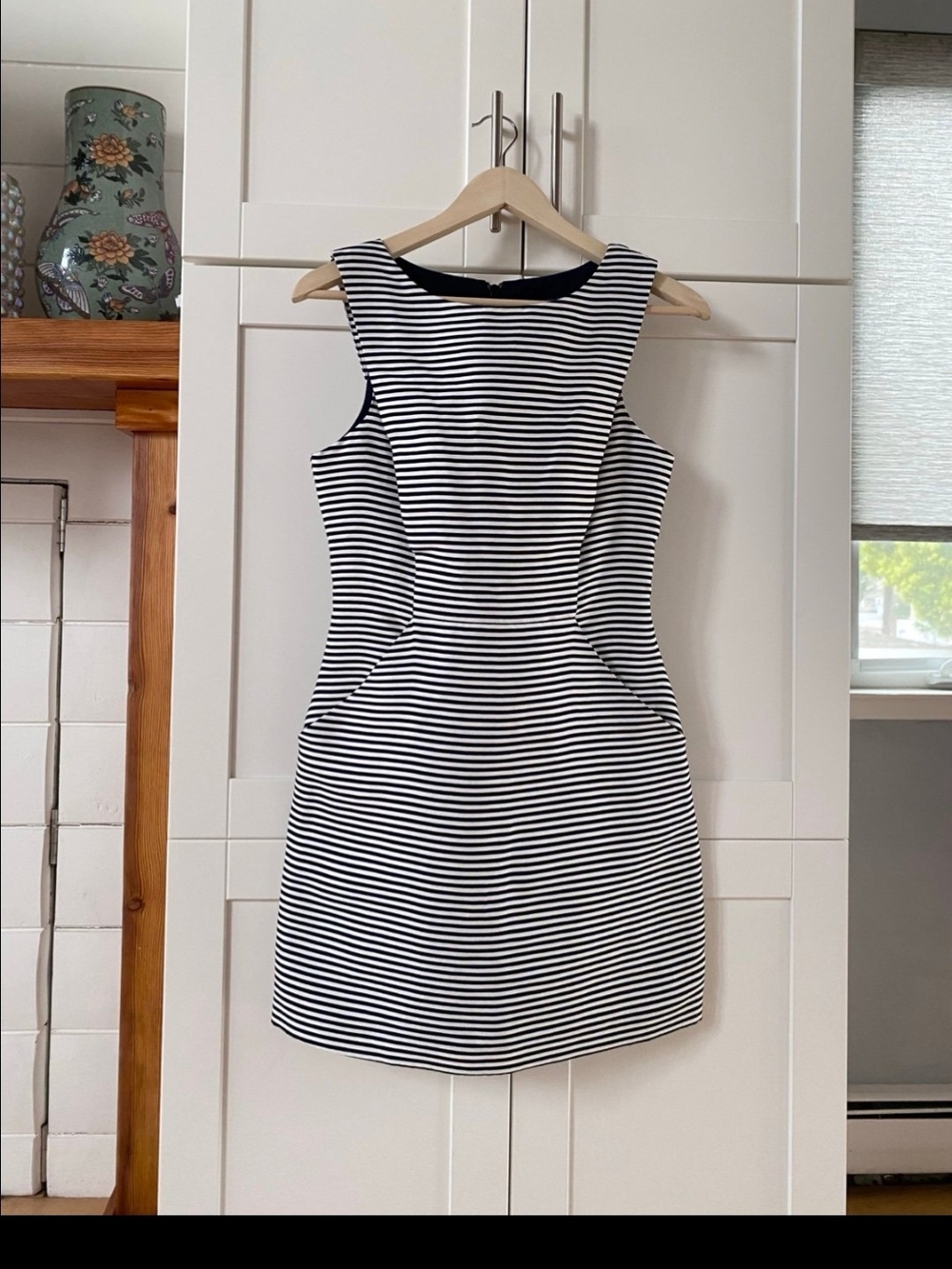 Armani Exchange Black and White Striped Sleeveless Sheath Dress